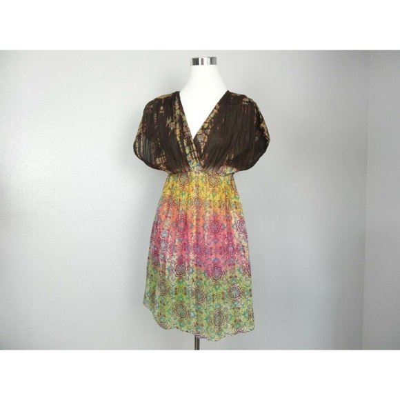 Etc Dresses & Skirts - Etc Womens Dress Top L Short Sleeve Sheer Floral Brown Yello Pink Green NWT